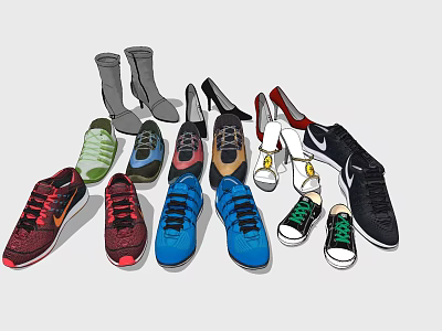 Assorted Colorful Shoes Collection With High Heels Sneakers And Casual Styles 3d model