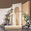 Chic Wedding Stage Setup With Floral Arch Curved Backdrop Round Platform And LOGO
