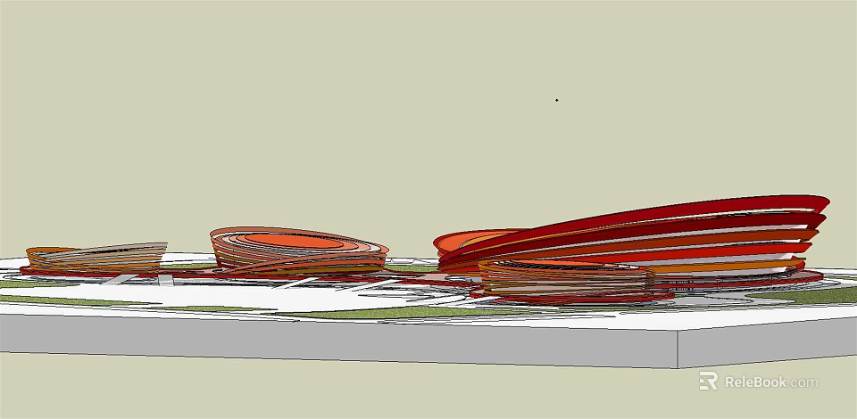 Red Curved Architectural Structures In Modern 3D Design With Base Platform 3d model 