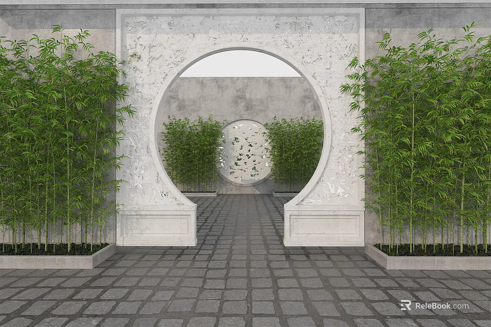 Chinese Circular Stone Archway With Bamboo Plants Stone Path And Carved Decoration 3d model 