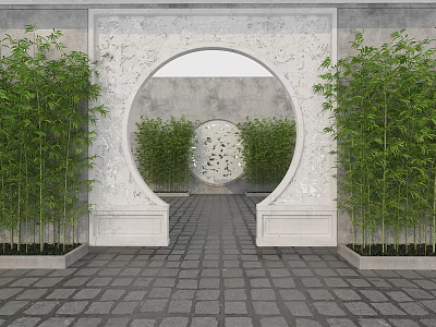 Chinese Circular Stone Archway With Bamboo Plants Stone Path And Carved Decoration 3d model