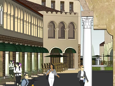 Classical Commercial Street With Arched Windows Green Awnings Outdoor Seating And Pedestrians 3d model