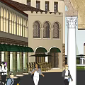 Classical Commercial Street With Arched Windows Green Awnings Outdoor Seating And Pedestrians