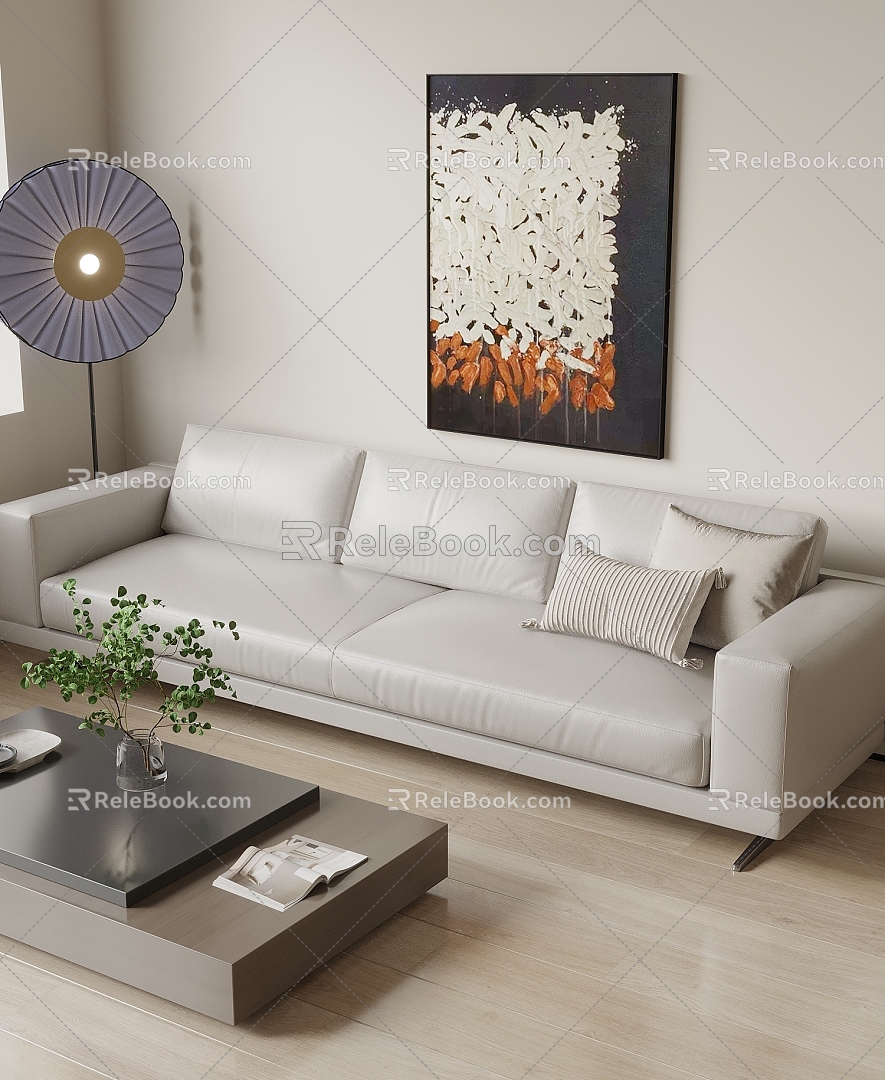 Three-seat sofa white leather sofa picture floor lamp coffee table 3d model