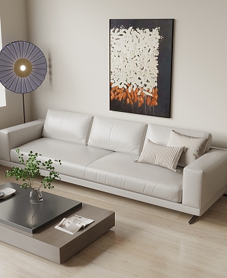 Three-seat sofa white leather sofa picture floor lamp coffee table 3d model