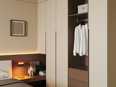 Modern Minimalist Built In Bedroom Wardrobe With Hanging Space And Multiple Storage Drawers For Clothes 3d model