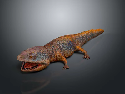 Detailed 3D Lizard Model With Open Mouth Sharp Teeth And Colorful Skin On Gray Background 3d model