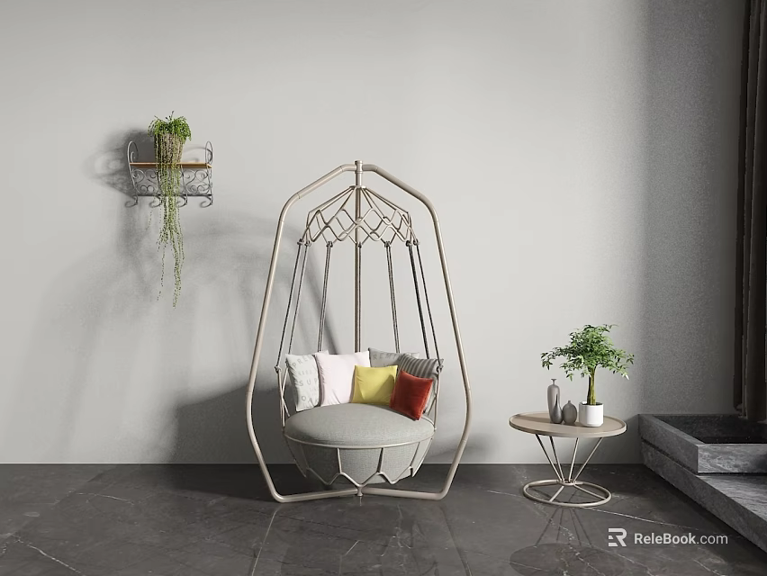 Modern Hanging Chair With Colorful Pillows Side Table And Green Plants In Minimalist Indoor Decor 3d model 