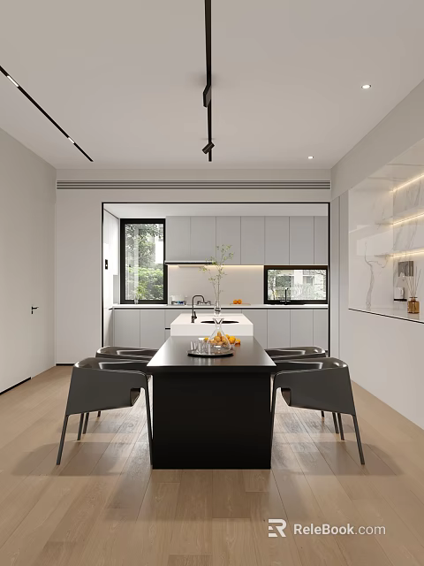 Modern Minimalist Dining Room Interior With Black Dining Table White Cabinets And Natural Light 3d model 