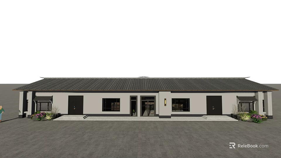Rural Self Built House With Gray Roof White Walls Front Entrance Courtyard And Plants 3d model 