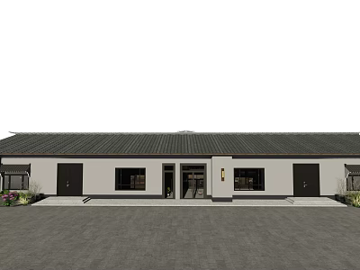 Rural Self Built House With Gray Roof White Walls Front Entrance Courtyard And Plants 3d model