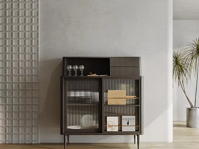 Dark Entryway Side Cabinet With Glass Doors Drawers And Storage For Dishes Cups 3d model