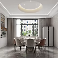 Modern Living Dining Room Interior With Large Windows Gray Curtains Sleek Tiled Floor Brown Chairs