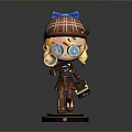 Detective Themed Decorative Doll With Brown Plaid Hat Blue Bow Magnifying Glass And Small Suitcase