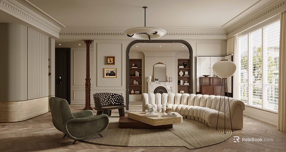 Elegant Classic Living Room Interior With Curved Sofa Armchair Coffee Table And Fireplace 3d model 
