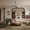 Elegant Classic Living Room Interior With Curved Sofa Armchair Coffee Table And Fireplace