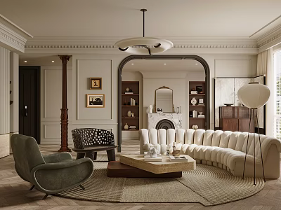 Elegant Classic Living Room Interior With Curved Sofa Armchair Coffee Table And Fireplace 3d model