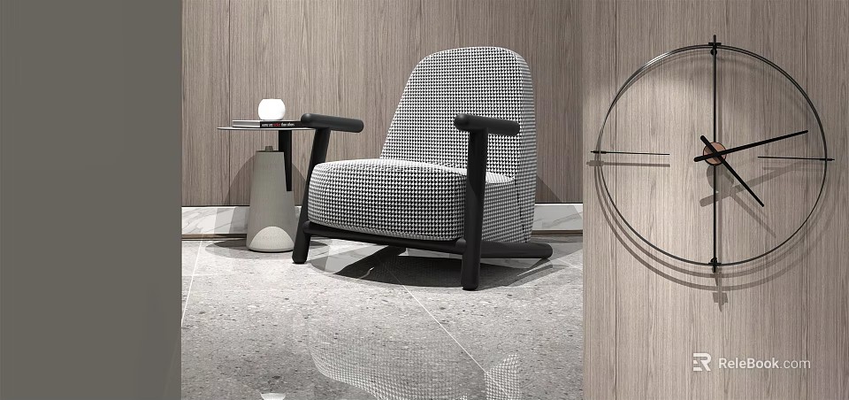 Modern Checkered Pattern Single Sofa with Black Armrests Side Table and Wooden Wall 3d model 