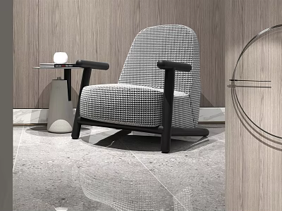 Modern Checkered Pattern Single Sofa with Black Armrests Side Table and Wooden Wall 3d model