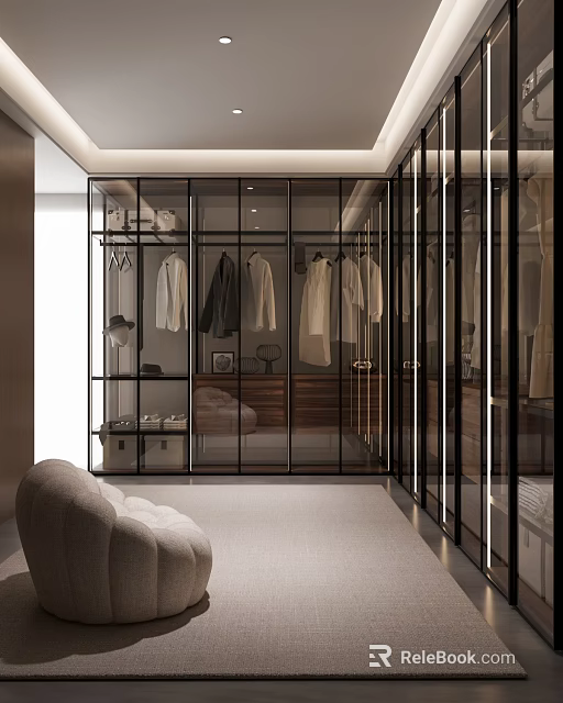 Modern Walk In Closet Interior Design With Glass Doors Metal Frames And Hanging Clothes 3d model 