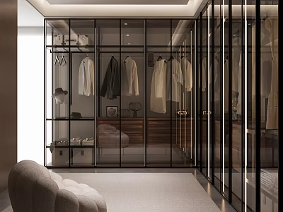 Modern Walk In Closet Interior Design With Glass Doors Metal Frames And Hanging Clothes 3d model