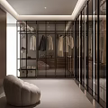 Modern Walk In Closet Interior Design With Glass Doors Metal Frames And Hanging Clothes