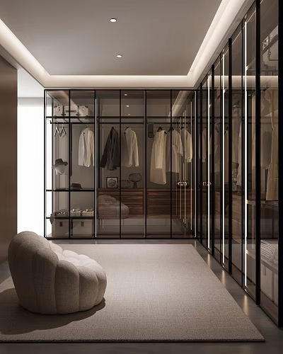 Modern Walk In Closet Interior Design With Glass Doors Metal Frames And Hanging Clothes 3d model