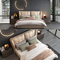 Modern Double Bed With Beige Headboard Nightstands Table Lamps And Circular Ring Light 3d model