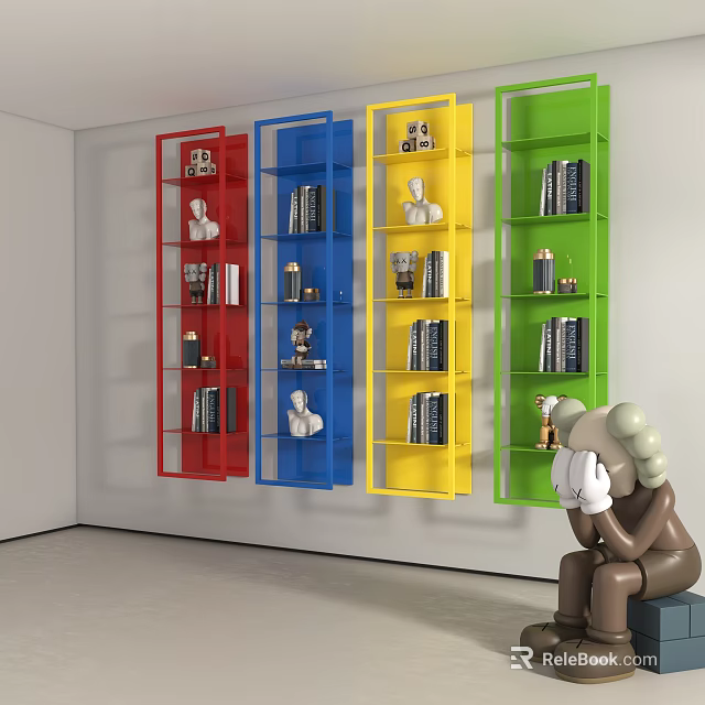 Wall Mounted Colorful Display Shelves with Books Decorations and Sculpture in Room 3d model 