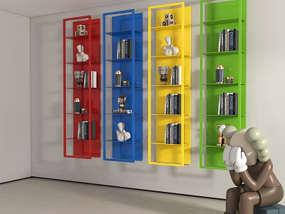 Wall Mounted Colorful Display Shelves with Books Decorations and Sculpture in Room 3d model