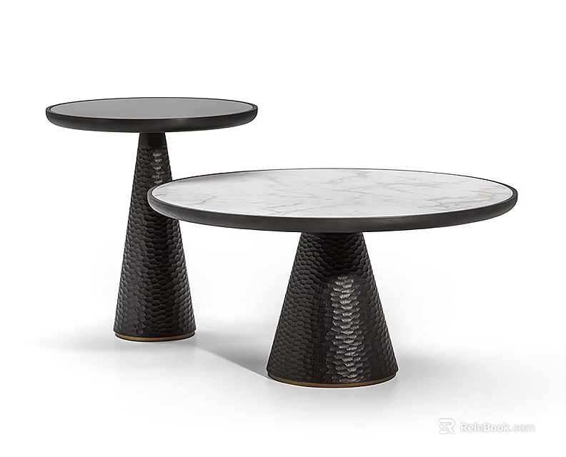 Two Round Coffee Tables With White Marble Top And Textured Black Base 3d model