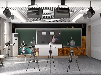 Professional Recording Studio Setup With Camera Tripods Lectern Blackboard And Lighting 3d model