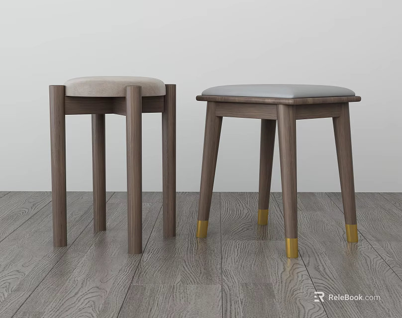 Modern Wooden Stools With Upholstered Seats And Golden Legs Design 3d model 
