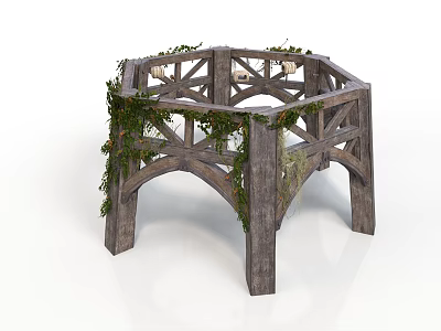 Decorative Octagonal Wooden Structure Garden Scene Component With Lush Vines And Crossed Frames 3d model
