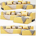 Green And Yellow Sectional Sofa With Patterned Pillows And Soft Blankets 3d model