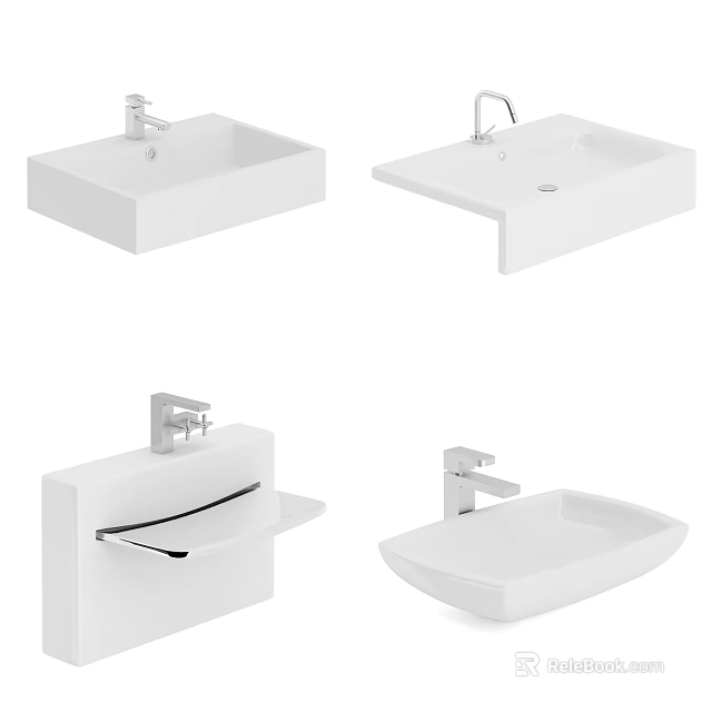 Four White Countertop Washbasins Featuring Various Modern Designs And Faucets 3d model