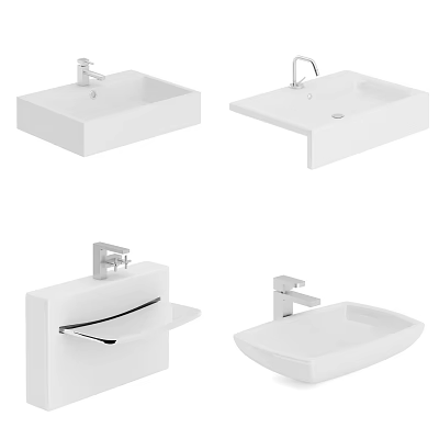 Four White Countertop Washbasins Featuring Various Modern Designs And Faucets 3d model