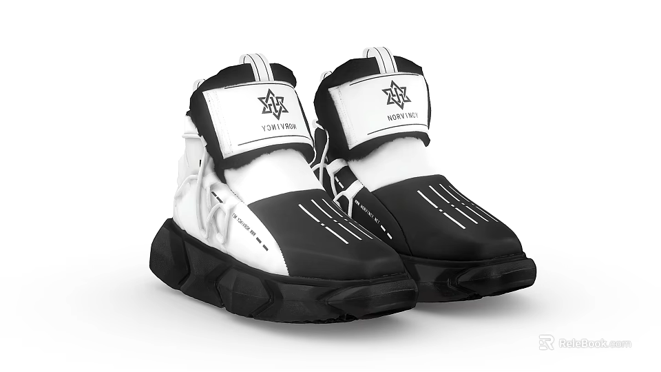 Black And White High Top Sneakers With Star Logo And Chunky Sole 3d model 