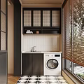 Modern Laundry Room With Washing Machine Tile Wall And Bamboo Blinds
