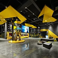 Modern Cinema Interior With Yellow Ceiling Large Screens Seating Area And Bar Counter