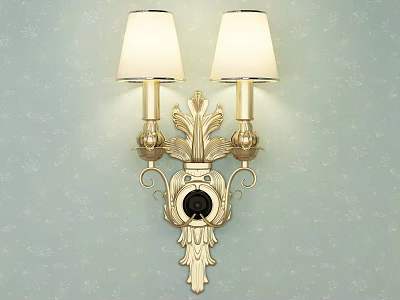 Ornate Gold Wall Lamp with Double White Lampshades on Light Blue Patterned Wall 3d model