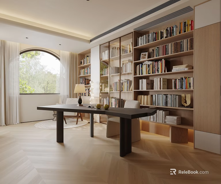 Modern Study Room Interior With Large Bookshelves Abundant Books Wooden Desk Chair And Natural Light 3d model 