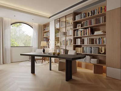 Modern Study Room Interior With Large Bookshelves Abundant Books Wooden Desk Chair And Natural Light 3d model