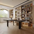 Modern Study Room Interior With Large Bookshelves Abundant Books Wooden Desk Chair And Natural Light