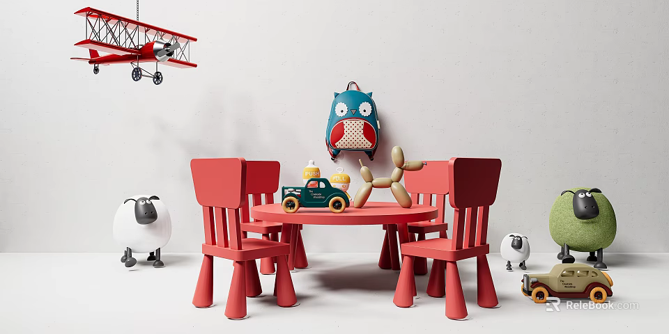Red Kids Table With Two Chairs And Colorful Toys In Playroom 3d model 