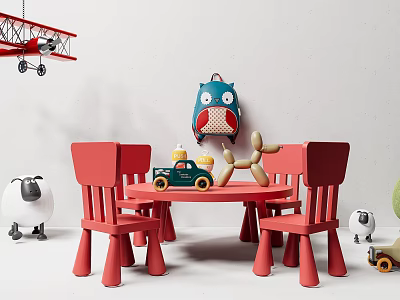 Red Kids Table With Two Chairs And Colorful Toys In Playroom 3d model