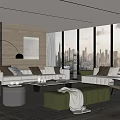 Modern Living Room Interior With Large Windows City Skyline Sofa And Coffee Table