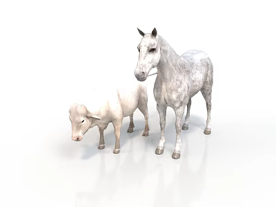 White Horse And Sheep Standing Together On White Background 3d model