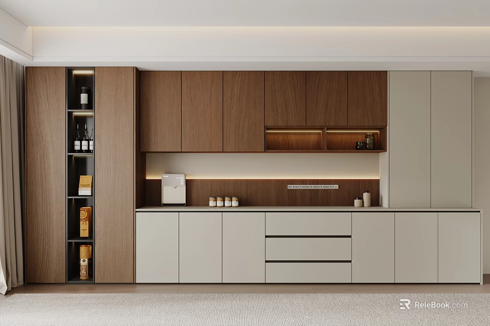 Modern Sideboard Design With Wooden And White Cabinets Open Shelves Storage Drawers And Lighting 3d model 