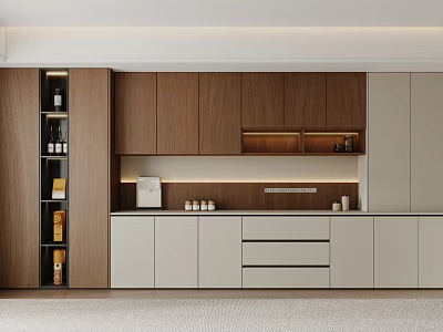 Modern Sideboard Design With Wooden And White Cabinets Open Shelves Storage Drawers And Lighting 3d model